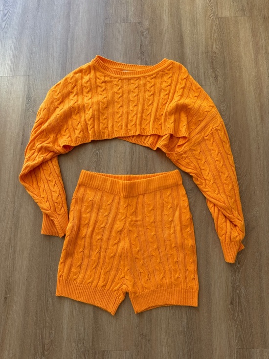 Fashion Nova Sweaters - Fashion Nova Bright Orange Cable Knit Crop Sweater & Shorts Set
